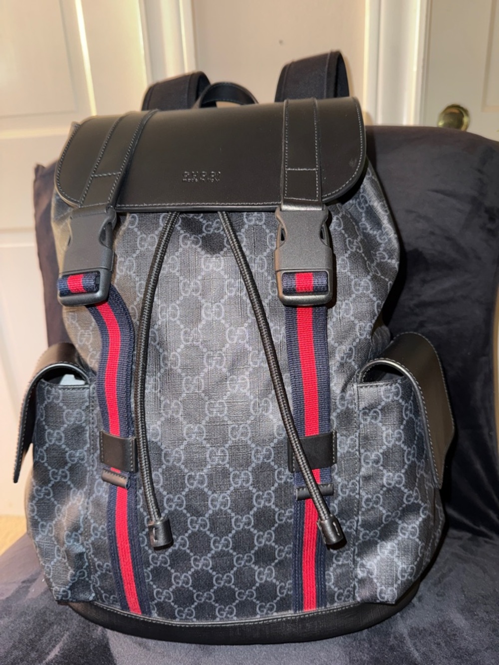 Gucci Black GG Supreme Backpack with Red and Blue Web Stripes - Picture 4 of 12